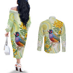 Gouldian Finch Golden Wattle Australia Couples Matching Off The Shoulder Long Sleeve Dress and Long Sleeve Button Shirt Aboriginal Watercolor Style