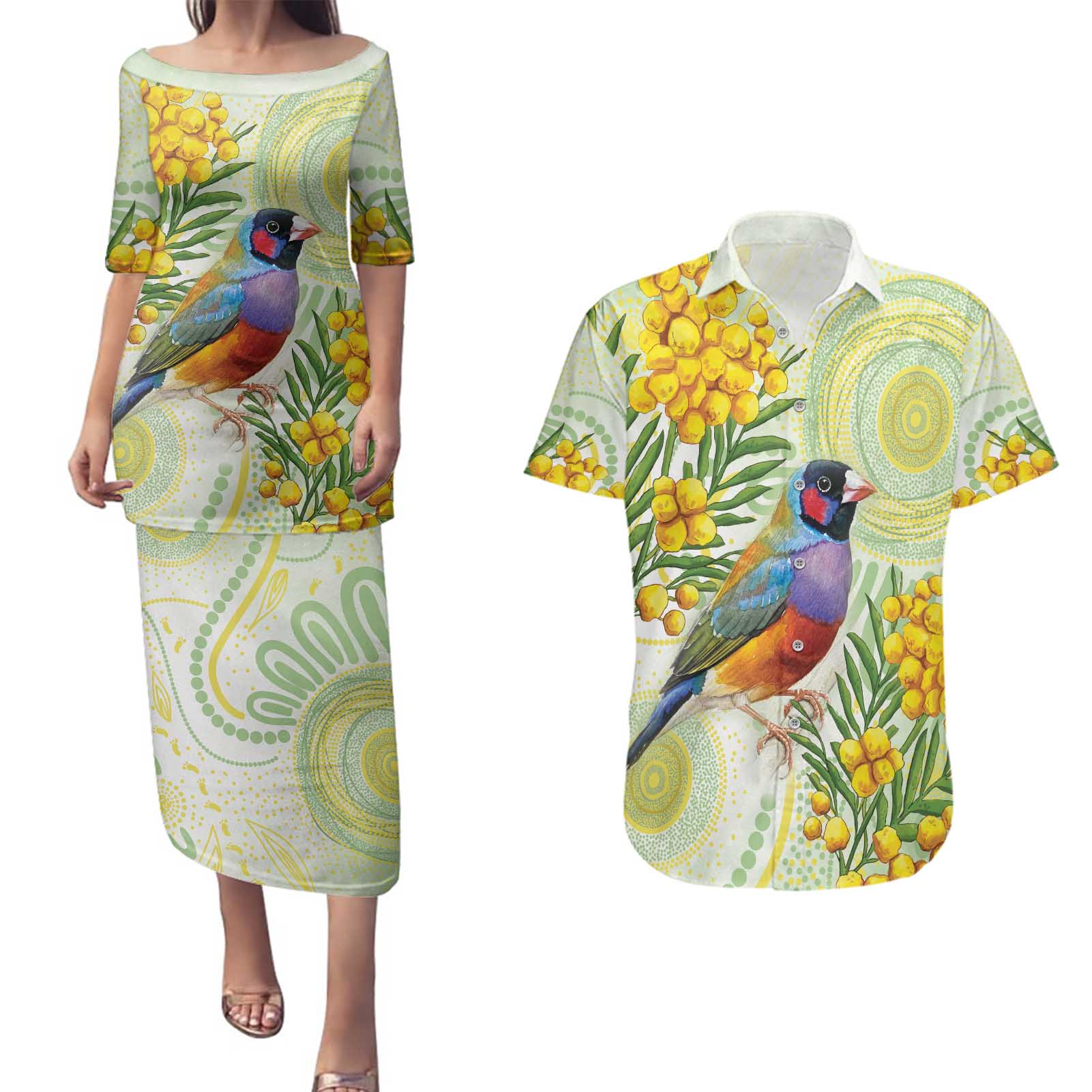 Gouldian Finch Golden Wattle Australia Couples Matching Puletasi and Hawaiian Shirt Aboriginal Watercolor Style