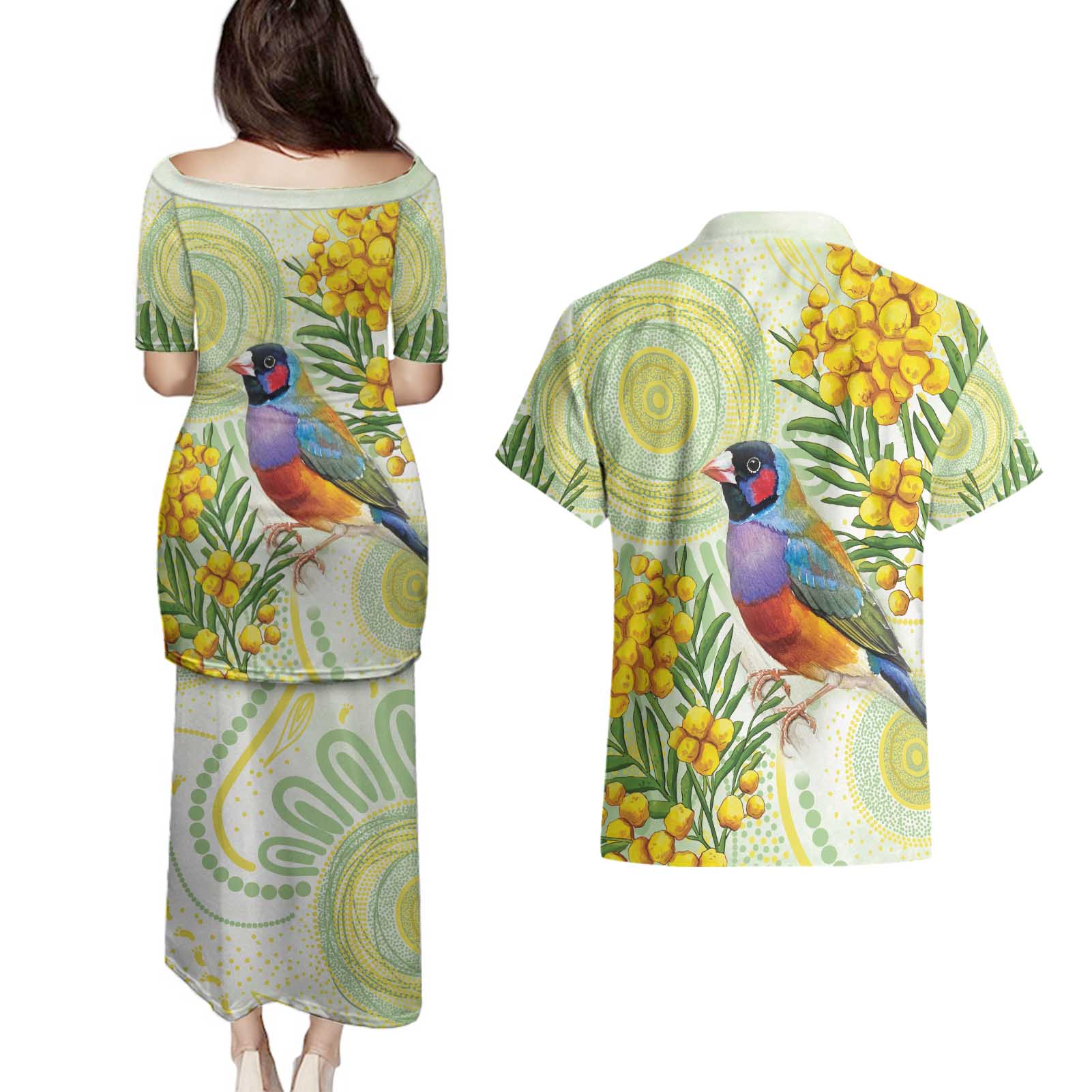 Gouldian Finch Golden Wattle Australia Couples Matching Puletasi and Hawaiian Shirt Aboriginal Watercolor Style