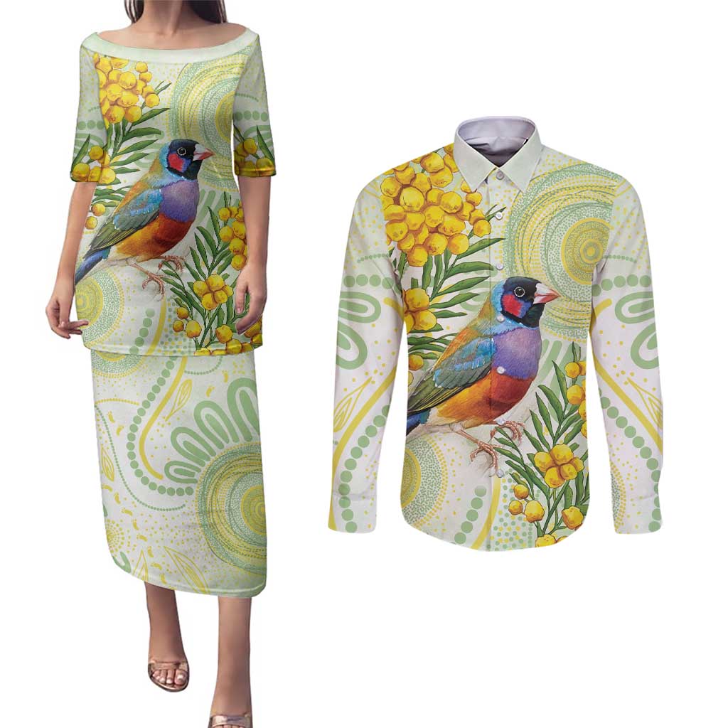 Gouldian Finch Golden Wattle Australia Couples Matching Puletasi and Long Sleeve Button Shirt Aboriginal Watercolor Style