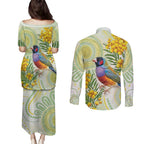 Gouldian Finch Golden Wattle Australia Couples Matching Puletasi and Long Sleeve Button Shirt Aboriginal Watercolor Style