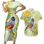 Gouldian Finch Golden Wattle Australia Couples Matching Short Sleeve Bodycon Dress and Hawaiian Shirt Aboriginal Watercolor Style
