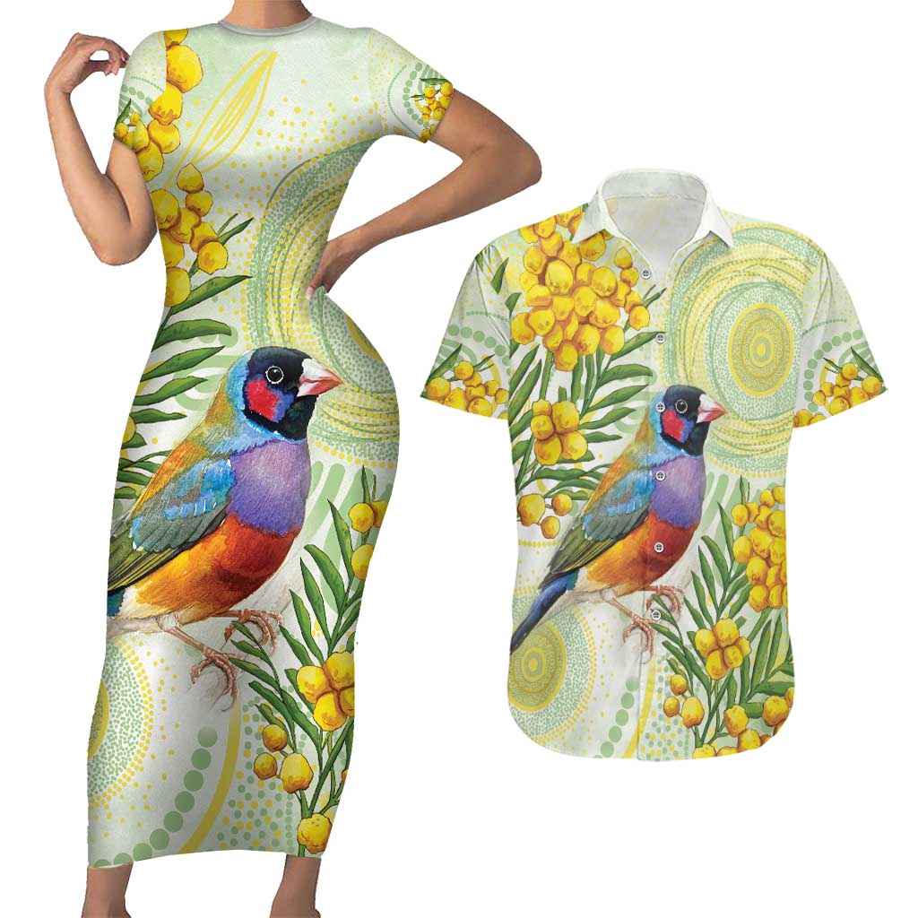 Gouldian Finch Golden Wattle Australia Couples Matching Short Sleeve Bodycon Dress and Hawaiian Shirt Aboriginal Watercolor Style