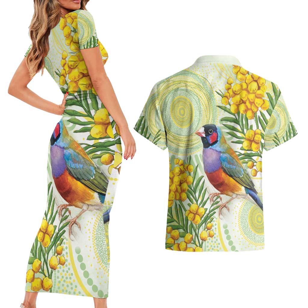Gouldian Finch Golden Wattle Australia Couples Matching Short Sleeve Bodycon Dress and Hawaiian Shirt Aboriginal Watercolor Style