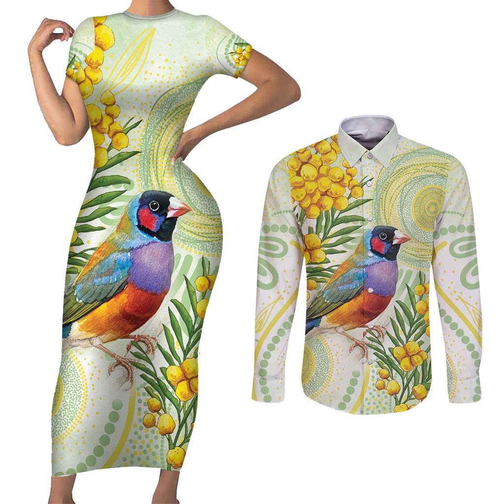Gouldian Finch Golden Wattle Australia Couples Matching Short Sleeve Bodycon Dress and Long Sleeve Button Shirt Aboriginal Watercolor Style