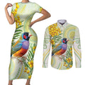 Gouldian Finch Golden Wattle Australia Couples Matching Short Sleeve Bodycon Dress and Long Sleeve Button Shirt Aboriginal Watercolor Style