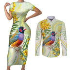 Gouldian Finch Golden Wattle Australia Couples Matching Short Sleeve Bodycon Dress and Long Sleeve Button Shirt Aboriginal Watercolor Style