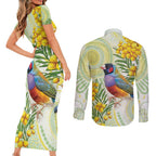 Gouldian Finch Golden Wattle Australia Couples Matching Short Sleeve Bodycon Dress and Long Sleeve Button Shirt Aboriginal Watercolor Style