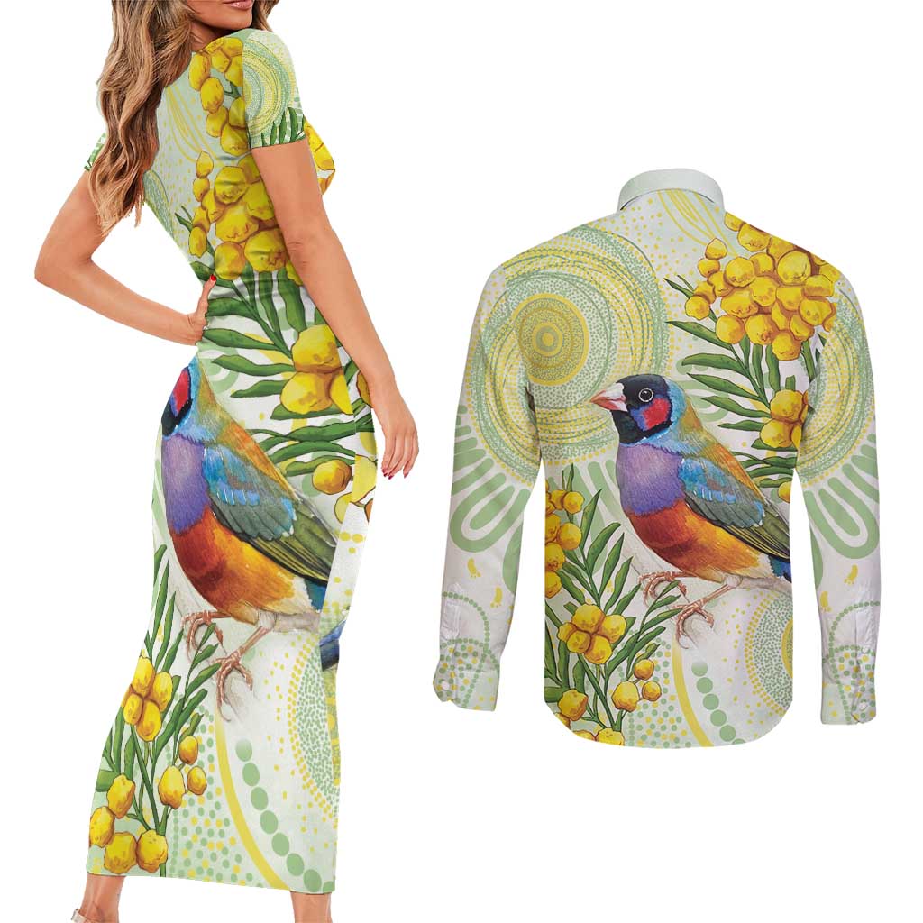 Gouldian Finch Golden Wattle Australia Couples Matching Short Sleeve Bodycon Dress and Long Sleeve Button Shirt Aboriginal Watercolor Style