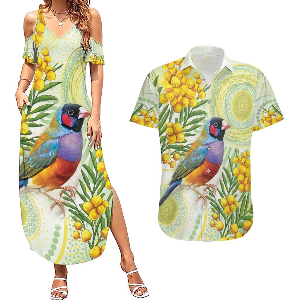 Gouldian Finch Golden Wattle Australia Couples Matching Summer Maxi Dress and Hawaiian Shirt Aboriginal Watercolor Style