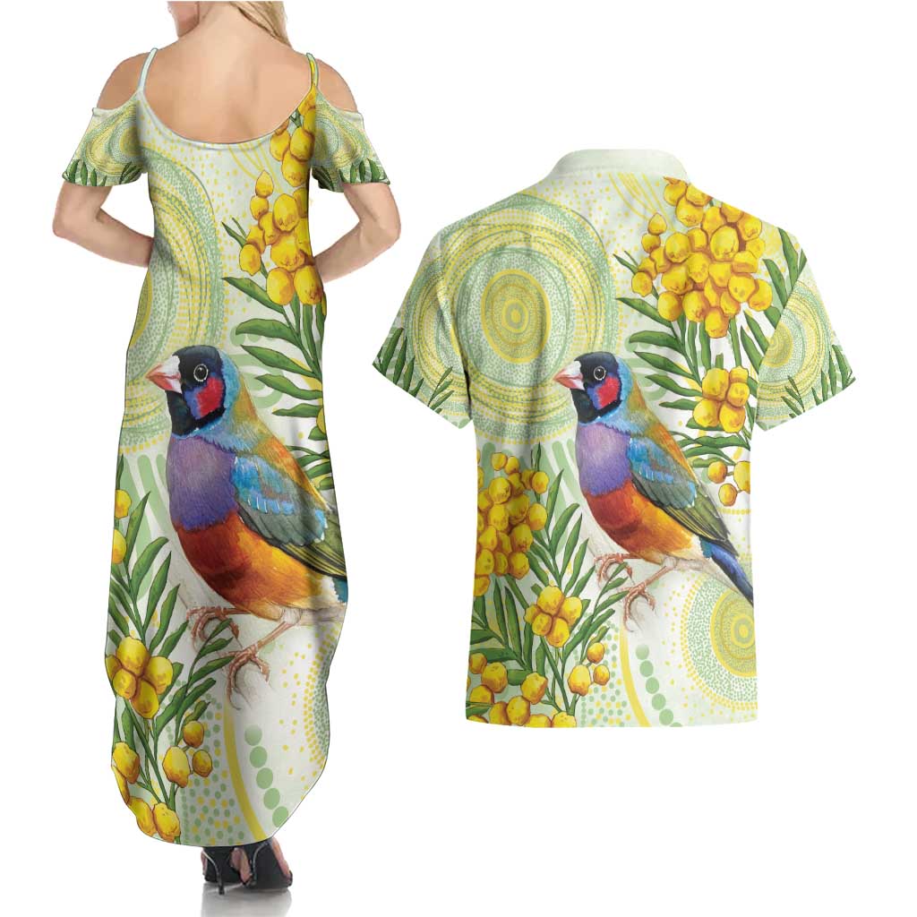Gouldian Finch Golden Wattle Australia Couples Matching Summer Maxi Dress and Hawaiian Shirt Aboriginal Watercolor Style