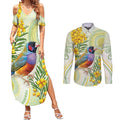 Gouldian Finch Golden Wattle Australia Couples Matching Summer Maxi Dress and Long Sleeve Button Shirt Aboriginal Watercolor Style