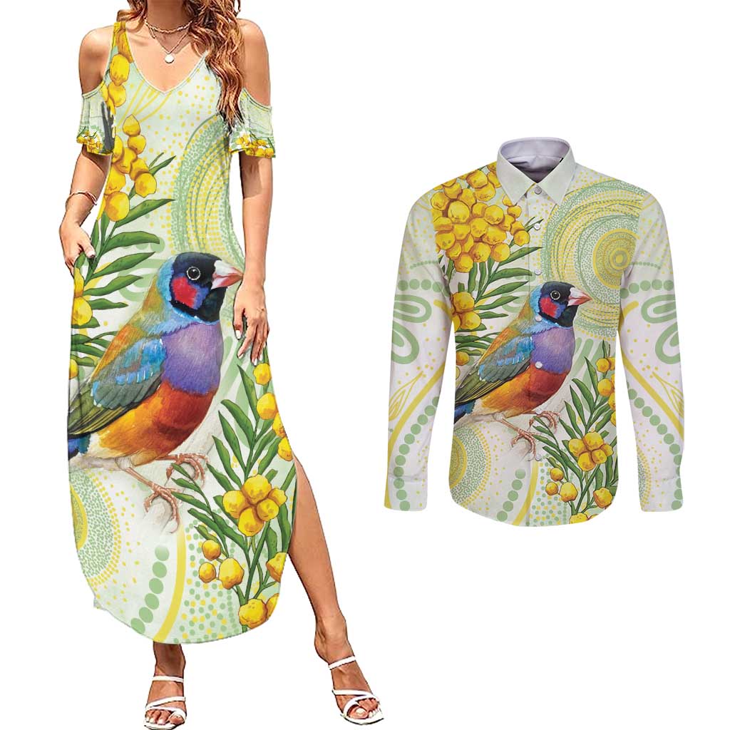 Gouldian Finch Golden Wattle Australia Couples Matching Summer Maxi Dress and Long Sleeve Button Shirt Aboriginal Watercolor Style