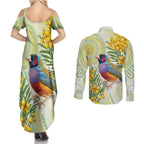 Gouldian Finch Golden Wattle Australia Couples Matching Summer Maxi Dress and Long Sleeve Button Shirt Aboriginal Watercolor Style