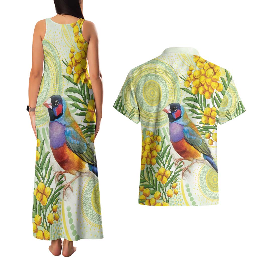 Gouldian Finch Golden Wattle Australia Couples Matching Tank Maxi Dress and Hawaiian Shirt Aboriginal Watercolor Style