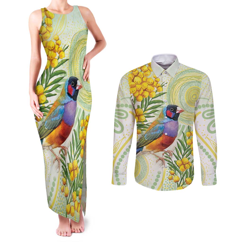 Gouldian Finch Golden Wattle Australia Couples Matching Tank Maxi Dress and Long Sleeve Button Shirt Aboriginal Watercolor Style