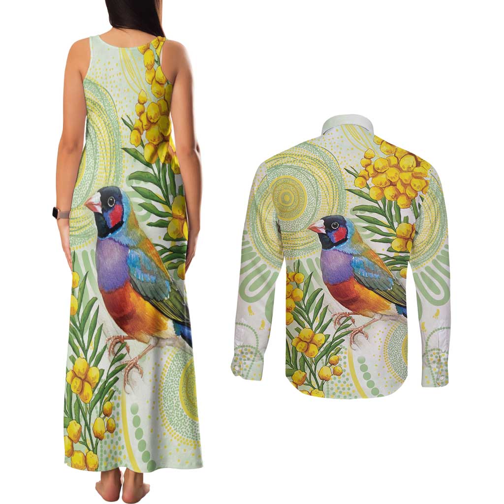 Gouldian Finch Golden Wattle Australia Couples Matching Tank Maxi Dress and Long Sleeve Button Shirt Aboriginal Watercolor Style