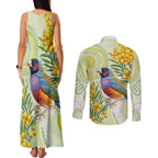 Gouldian Finch Golden Wattle Australia Couples Matching Tank Maxi Dress and Long Sleeve Button Shirt Aboriginal Watercolor Style