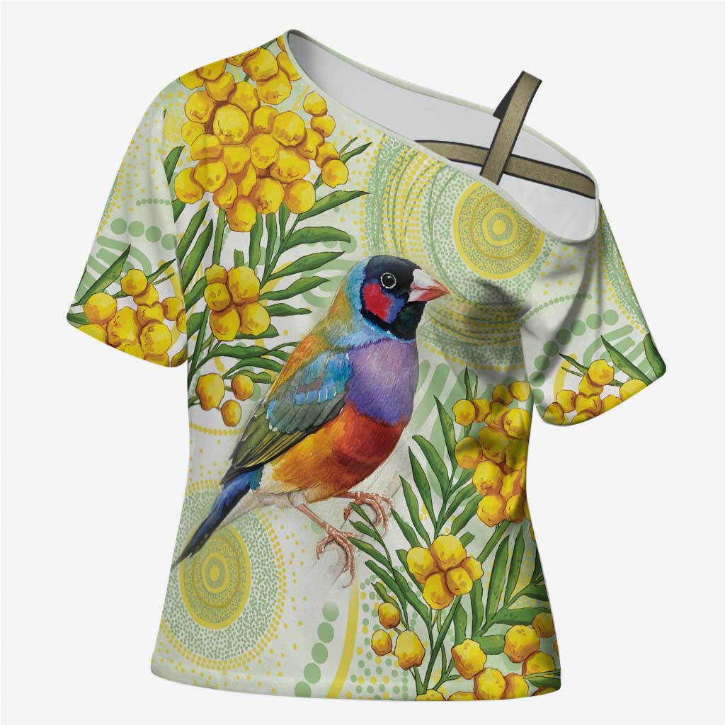 Gouldian Finch Golden Wattle Australia Cross Shoulder Shirt Aboriginal Watercolor Style - Aussie Hoodie