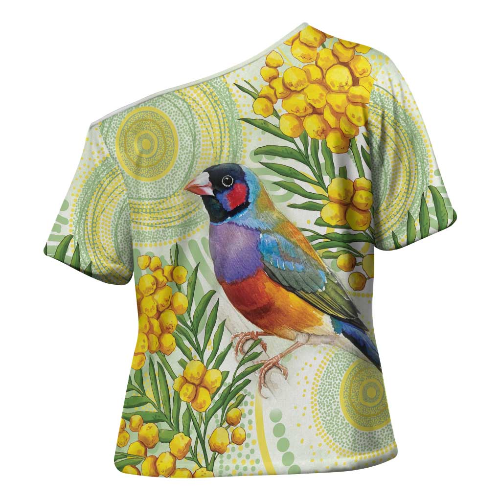 Gouldian Finch Golden Wattle Australia Cross Shoulder Shirt Aboriginal Watercolor Style - Aussie Hoodie