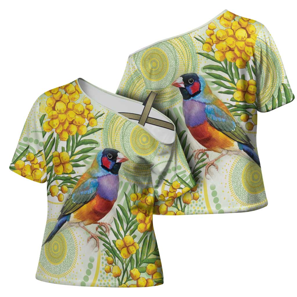 Gouldian Finch Golden Wattle Australia Cross Shoulder Shirt Aboriginal Watercolor Style - Aussie Hoodie