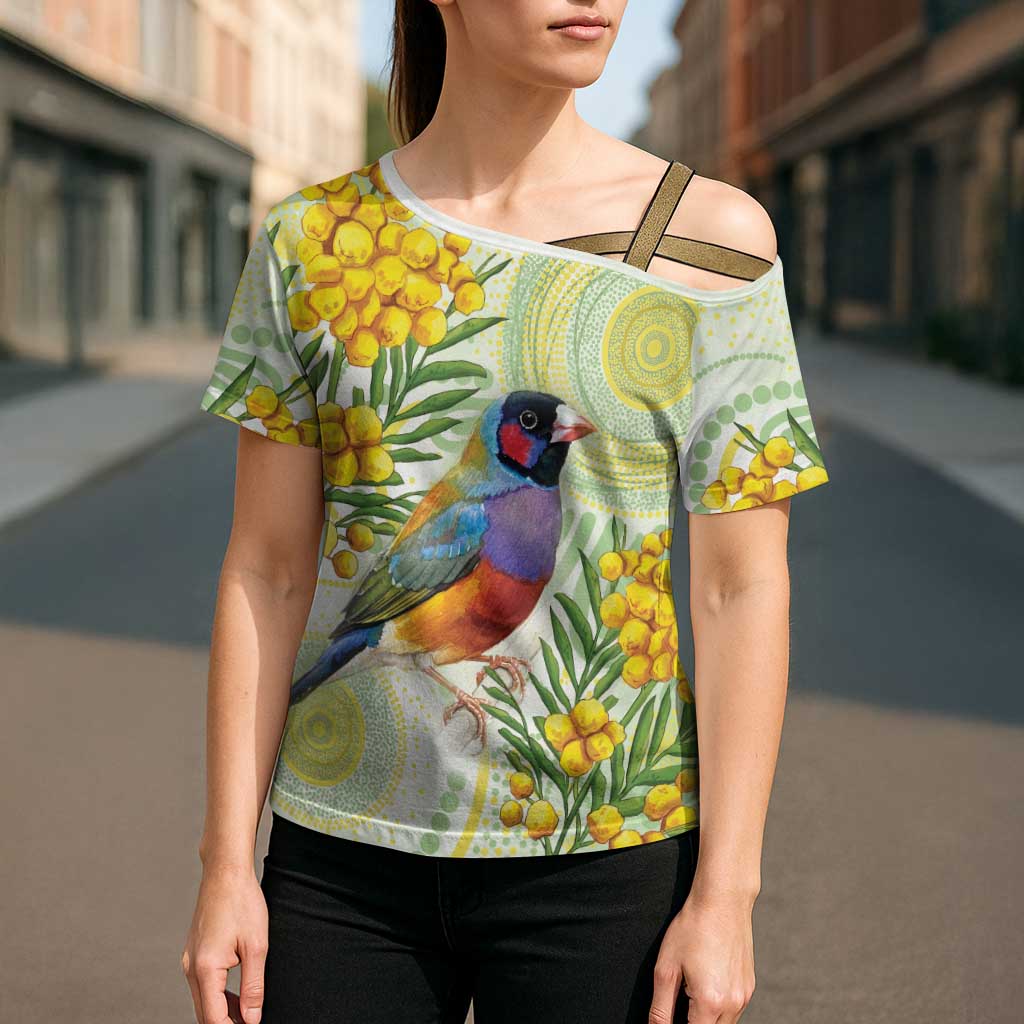 Gouldian Finch Golden Wattle Australia Cross Shoulder Shirt Aboriginal Watercolor Style - Aussie Hoodie