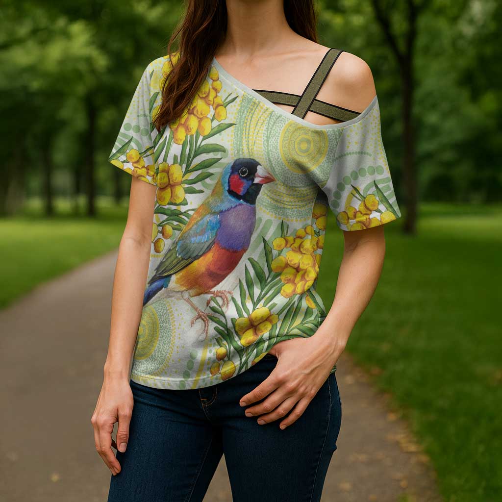 Gouldian Finch Golden Wattle Australia Cross Shoulder Shirt Aboriginal Watercolor Style - Aussie Hoodie