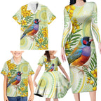 Gouldian Finch Golden Wattle Australia Family Matching Long Sleeve Bodycon Dress and Hawaiian Shirt Aboriginal Watercolor Style