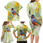 Gouldian Finch Golden Wattle Australia Family Matching Long Sleeve Bodycon Dress and Hawaiian Shirt Aboriginal Watercolor Style