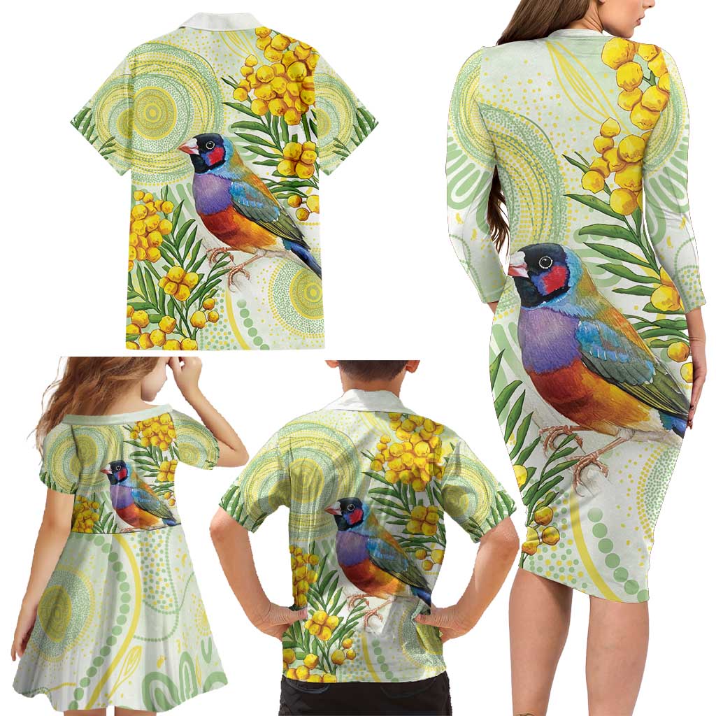 Gouldian Finch Golden Wattle Australia Family Matching Long Sleeve Bodycon Dress and Hawaiian Shirt Aboriginal Watercolor Style