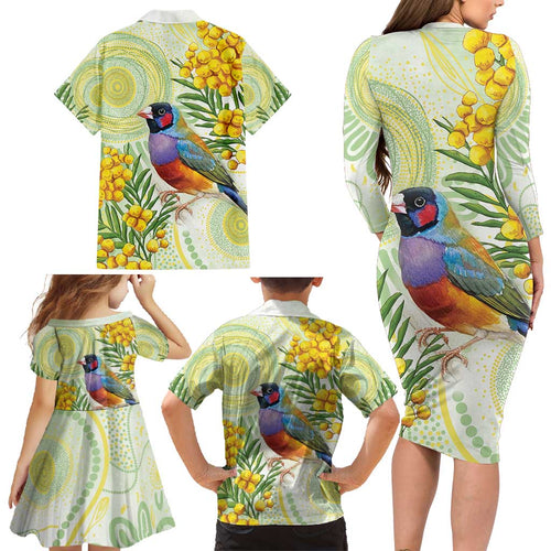 Gouldian Finch Golden Wattle Australia Family Matching Long Sleeve Bodycon Dress and Hawaiian Shirt Aboriginal Watercolor Style