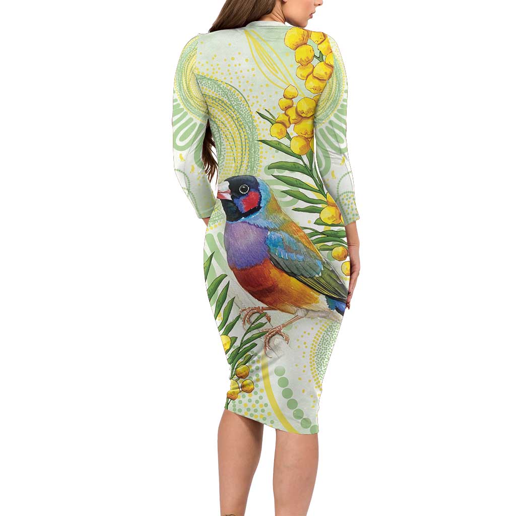 Gouldian Finch Golden Wattle Australia Family Matching Long Sleeve Bodycon Dress and Hawaiian Shirt Aboriginal Watercolor Style