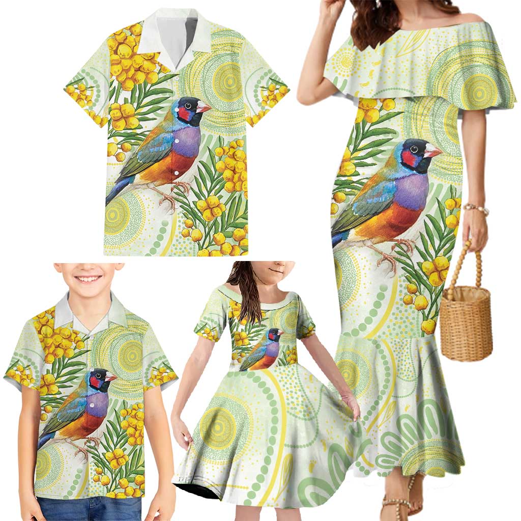 Gouldian Finch Golden Wattle Australia Family Matching Mermaid Dress and Hawaiian Shirt Aboriginal Watercolor Style