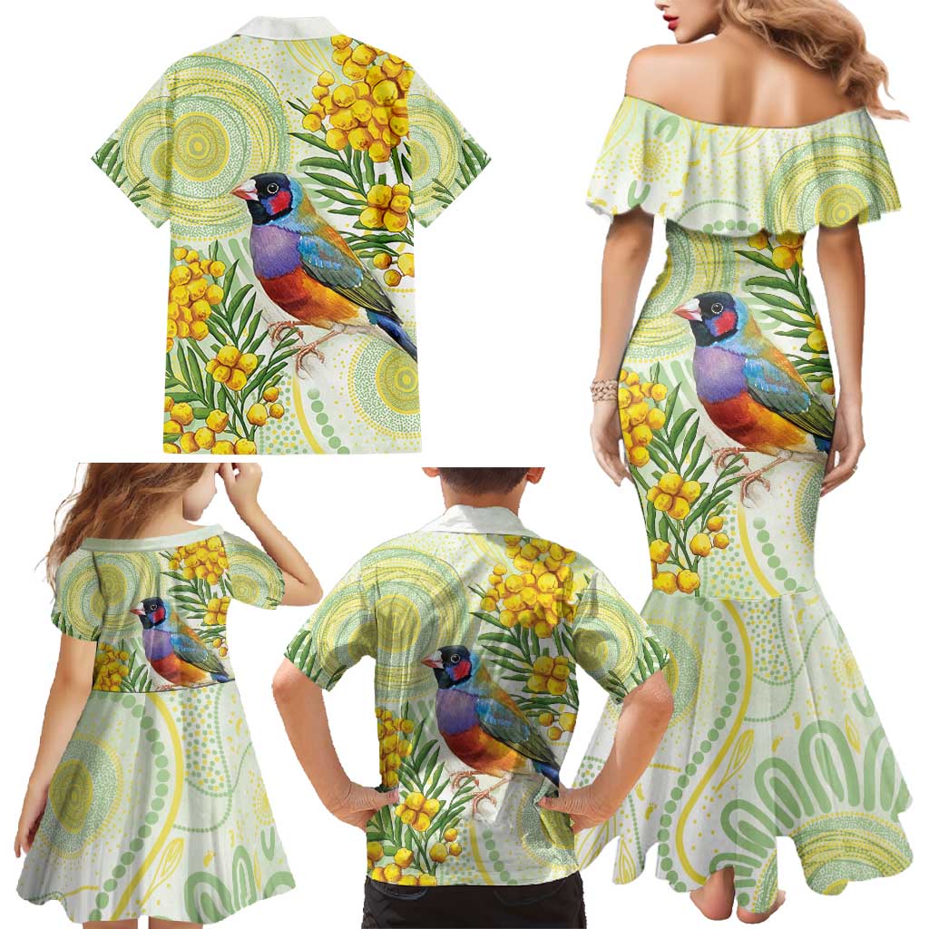 Gouldian Finch Golden Wattle Australia Family Matching Mermaid Dress and Hawaiian Shirt Aboriginal Watercolor Style