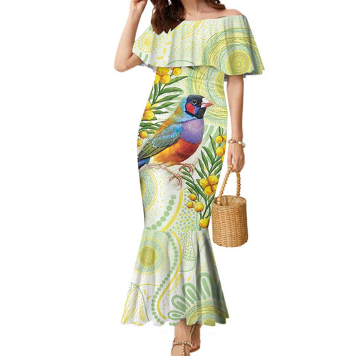 Gouldian Finch Golden Wattle Australia Family Matching Mermaid Dress and Hawaiian Shirt Aboriginal Watercolor Style