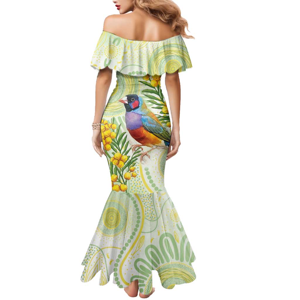 Gouldian Finch Golden Wattle Australia Family Matching Mermaid Dress and Hawaiian Shirt Aboriginal Watercolor Style