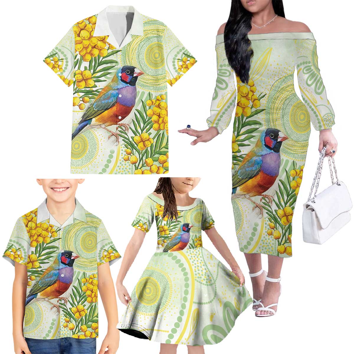 Gouldian Finch Golden Wattle Australia Family Matching Off The Shoulder Long Sleeve Dress and Hawaiian Shirt Aboriginal Watercolor Style