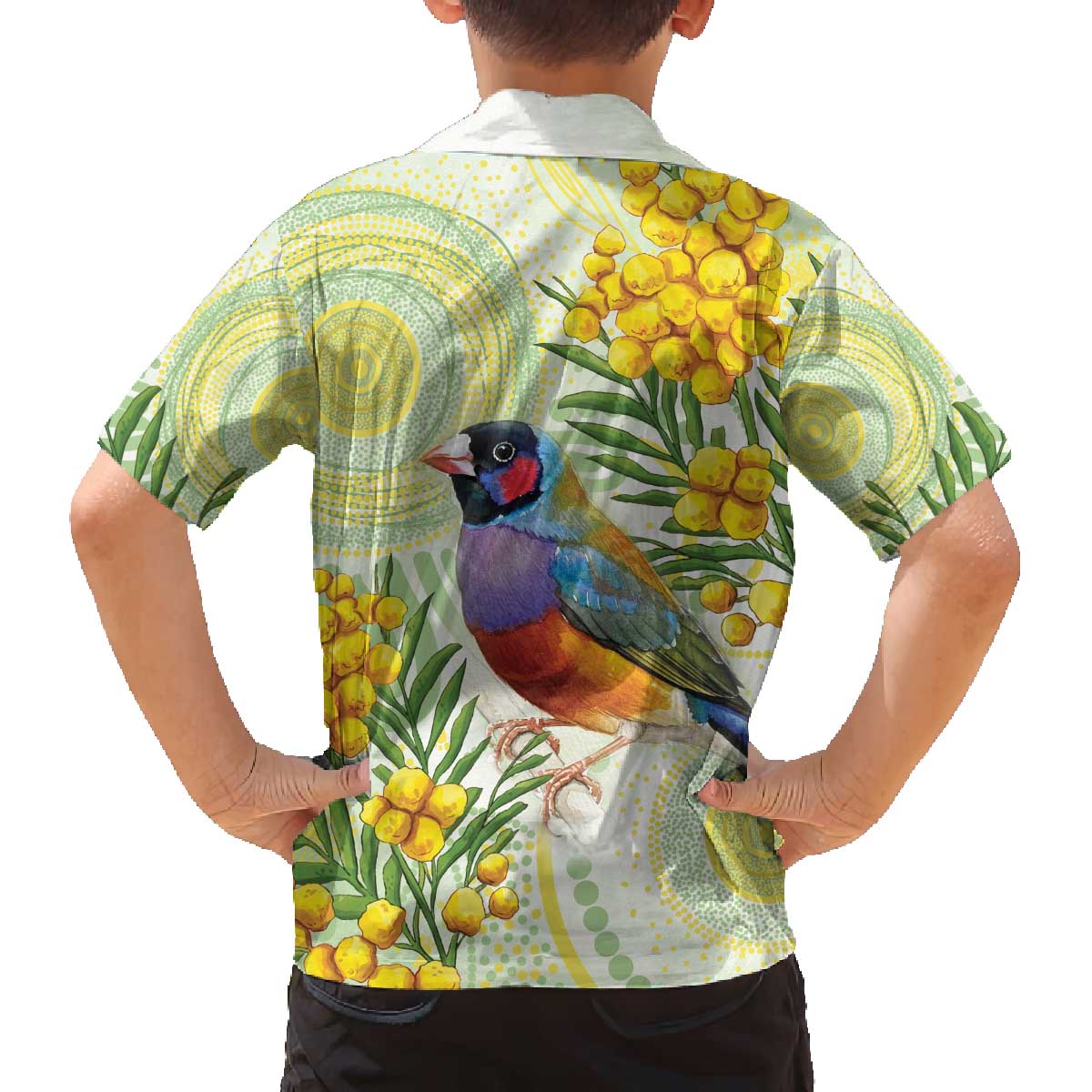 Gouldian Finch Golden Wattle Australia Family Matching Off The Shoulder Long Sleeve Dress and Hawaiian Shirt Aboriginal Watercolor Style
