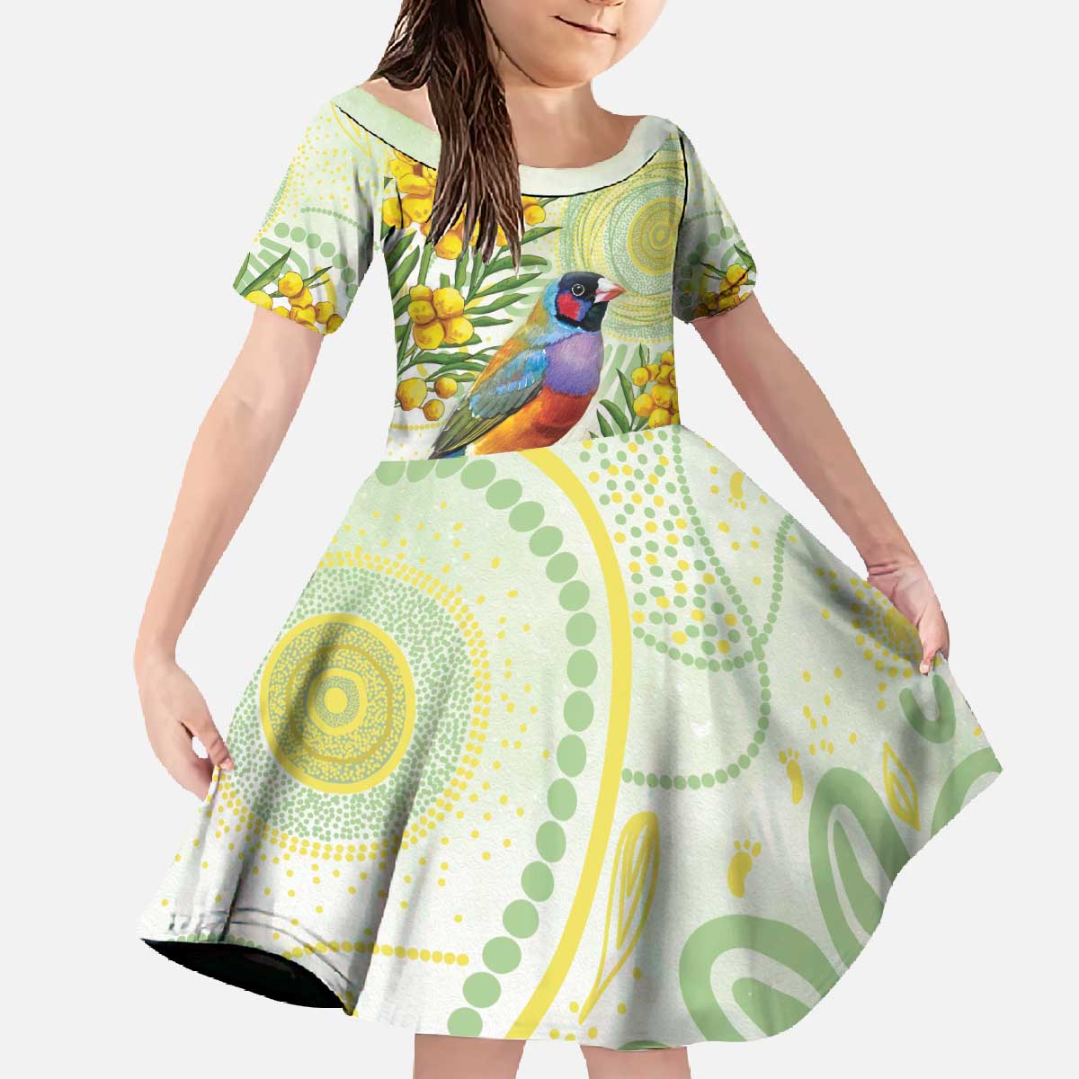 Gouldian Finch Golden Wattle Australia Family Matching Off The Shoulder Long Sleeve Dress and Hawaiian Shirt Aboriginal Watercolor Style