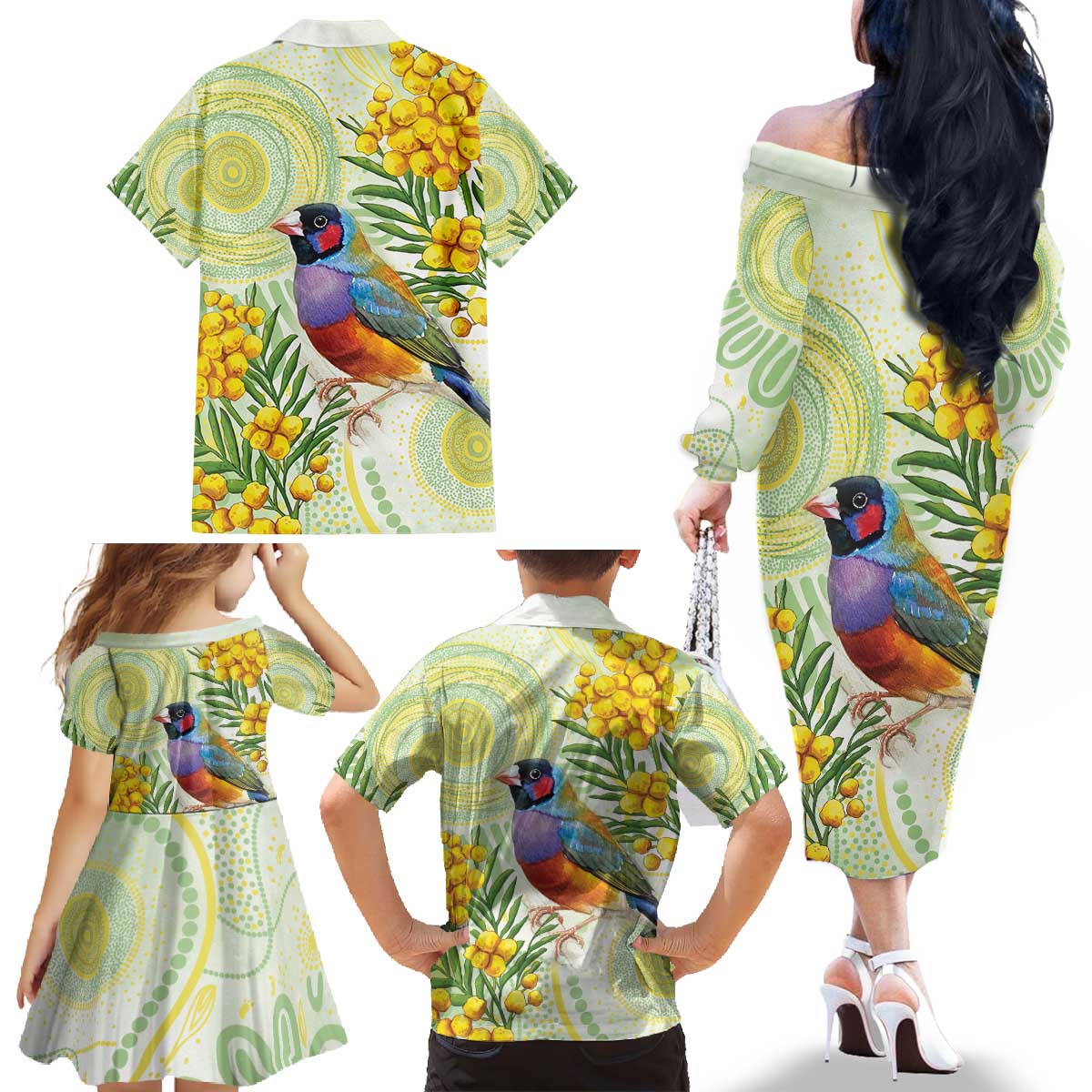 Gouldian Finch Golden Wattle Australia Family Matching Off The Shoulder Long Sleeve Dress and Hawaiian Shirt Aboriginal Watercolor Style