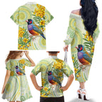 Gouldian Finch Golden Wattle Australia Family Matching Off The Shoulder Long Sleeve Dress and Hawaiian Shirt Aboriginal Watercolor Style