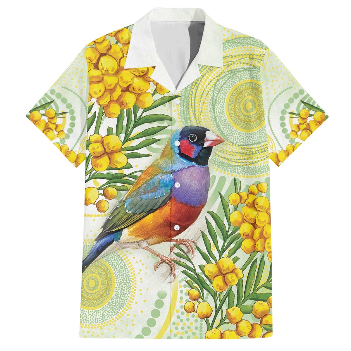 Gouldian Finch Golden Wattle Australia Family Matching Off The Shoulder Long Sleeve Dress and Hawaiian Shirt Aboriginal Watercolor Style