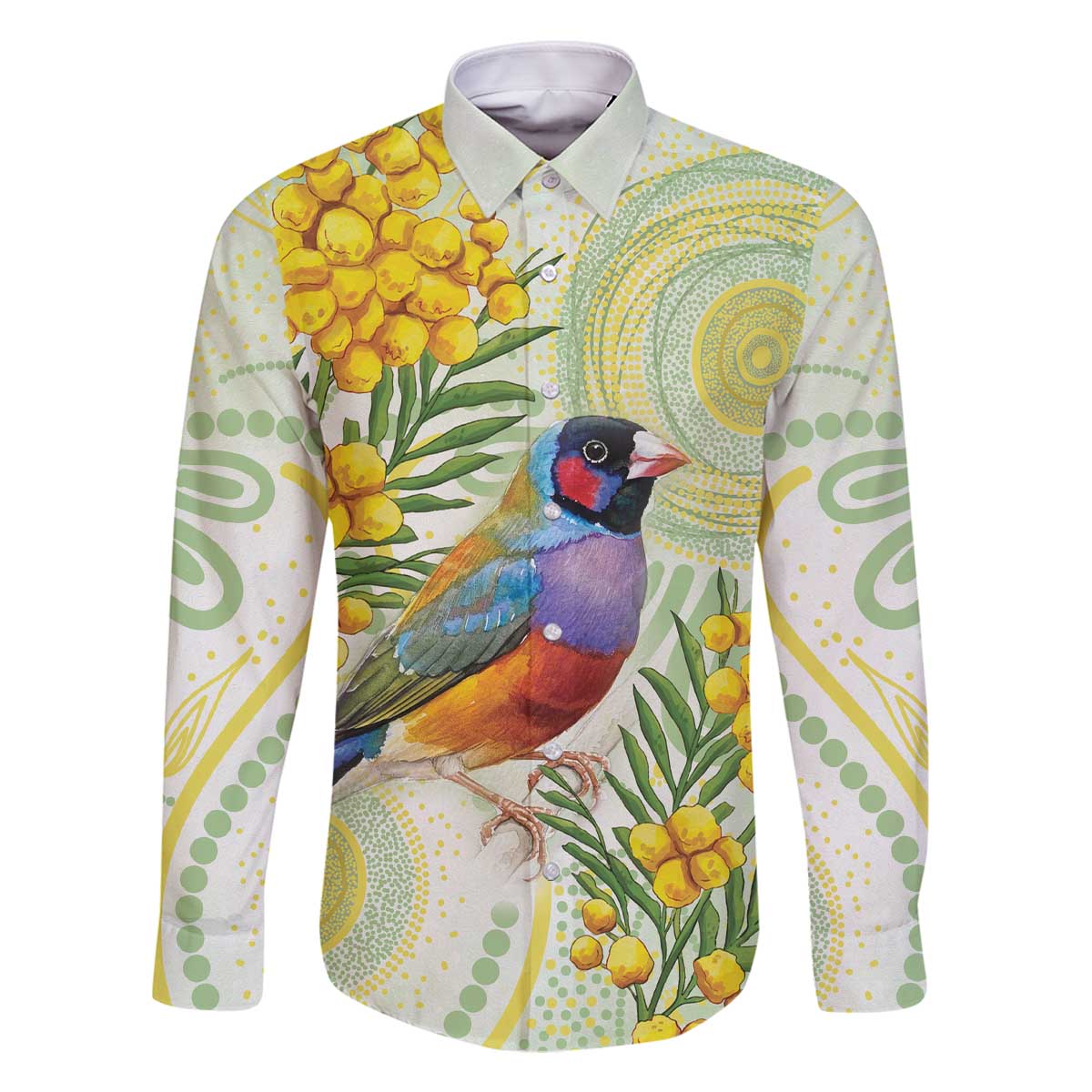Gouldian Finch Golden Wattle Australia Family Matching Off The Shoulder Long Sleeve Dress and Hawaiian Shirt Aboriginal Watercolor Style