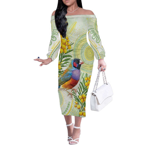 Gouldian Finch Golden Wattle Australia Family Matching Off The Shoulder Long Sleeve Dress and Hawaiian Shirt Aboriginal Watercolor Style