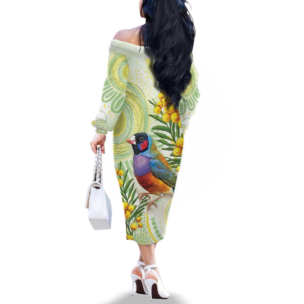 Gouldian Finch Golden Wattle Australia Family Matching Off The Shoulder Long Sleeve Dress and Hawaiian Shirt Aboriginal Watercolor Style