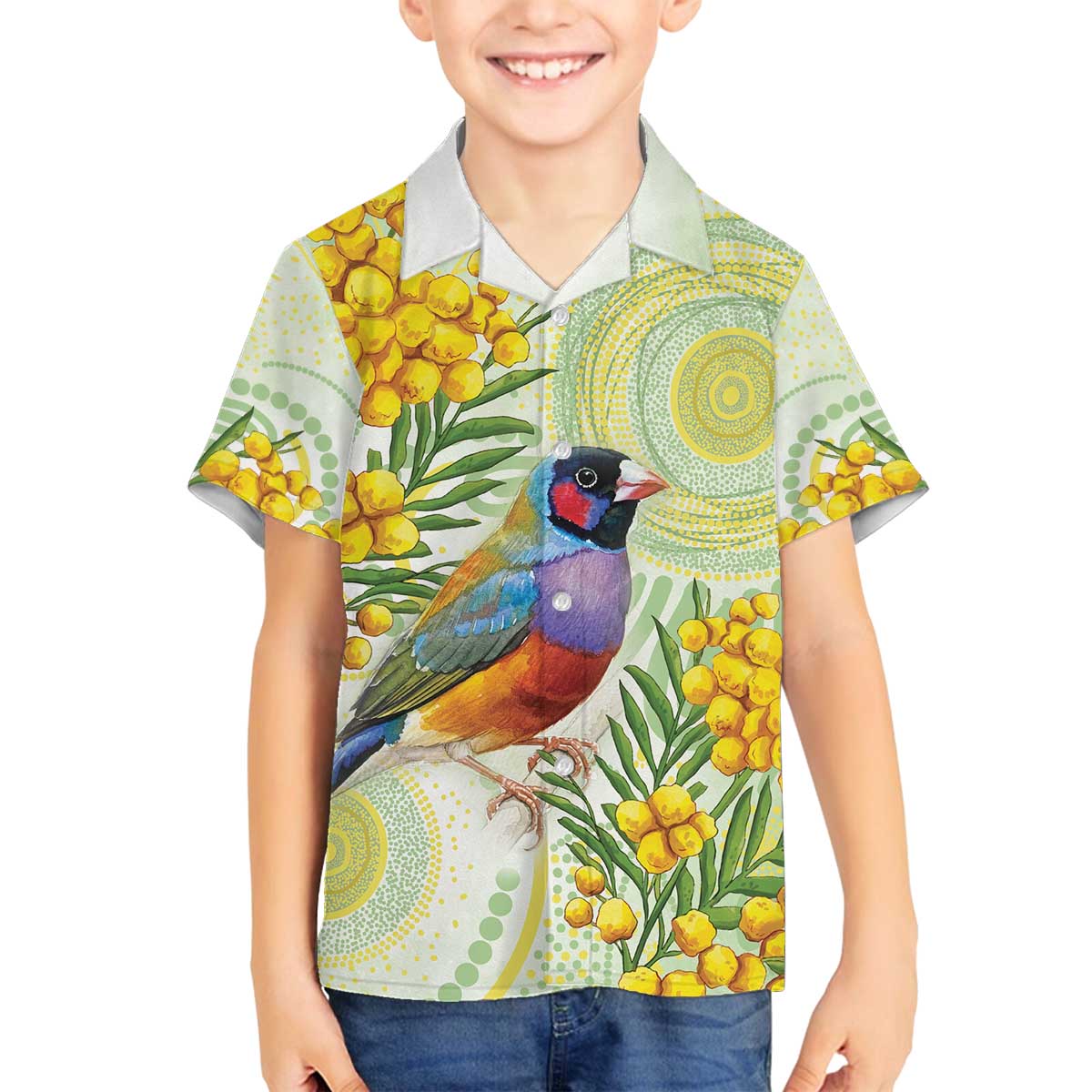 Gouldian Finch Golden Wattle Australia Family Matching Off The Shoulder Long Sleeve Dress and Hawaiian Shirt Aboriginal Watercolor Style