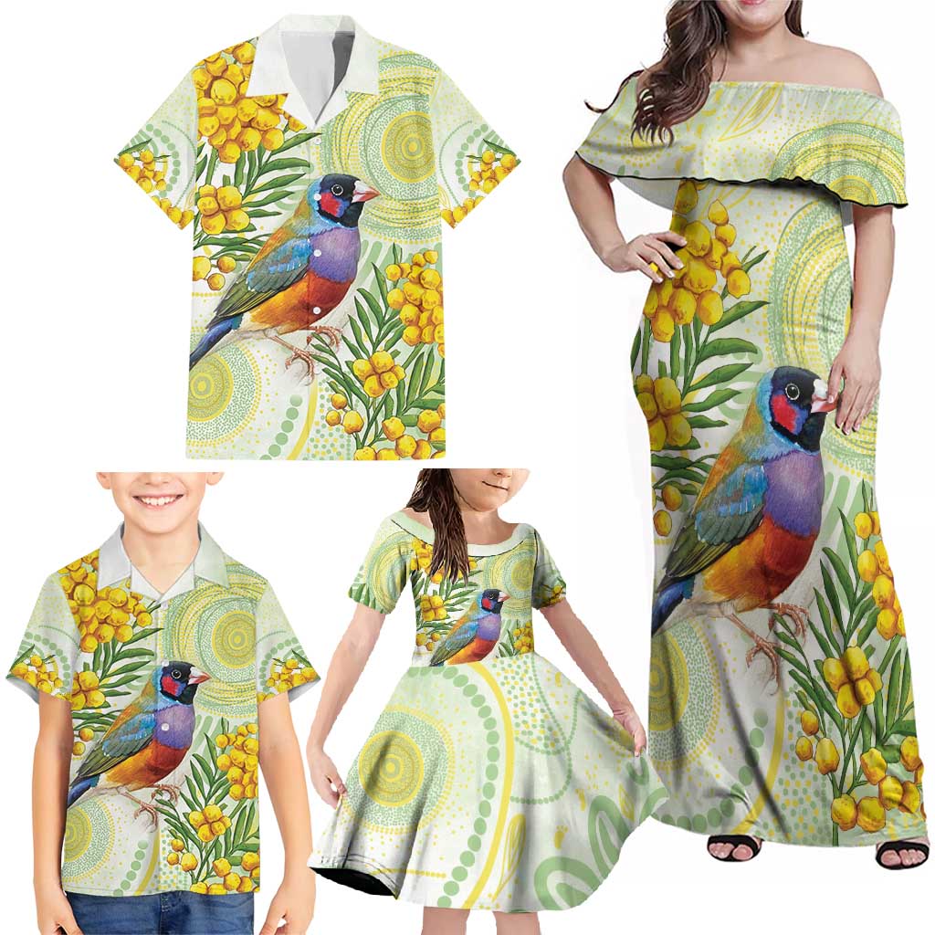 Gouldian Finch Golden Wattle Australia Family Matching Off Shoulder Maxi Dress and Hawaiian Shirt Aboriginal Watercolor Style