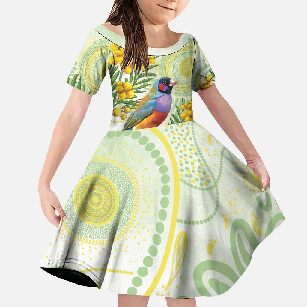 Gouldian Finch Golden Wattle Australia Family Matching Off Shoulder Maxi Dress and Hawaiian Shirt Aboriginal Watercolor Style