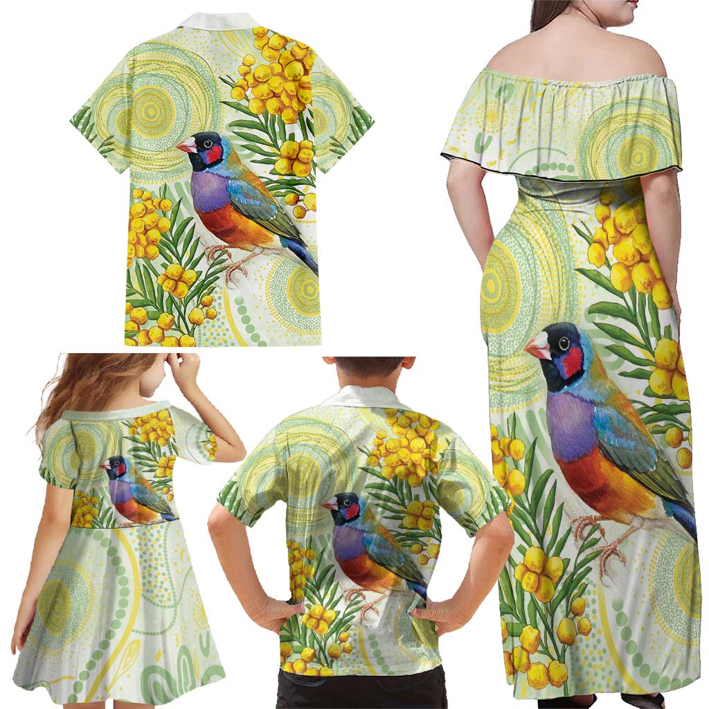 Gouldian Finch Golden Wattle Australia Family Matching Off Shoulder Maxi Dress and Hawaiian Shirt Aboriginal Watercolor Style