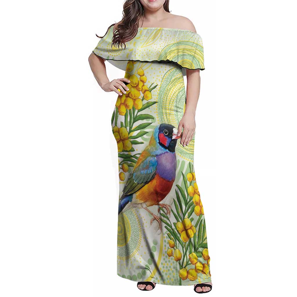 Gouldian Finch Golden Wattle Australia Family Matching Off Shoulder Maxi Dress and Hawaiian Shirt Aboriginal Watercolor Style
